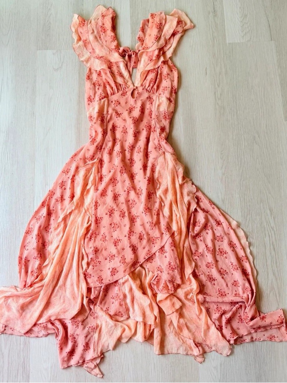 Free People Coral Pink Floral Ruffle Maxi Dress